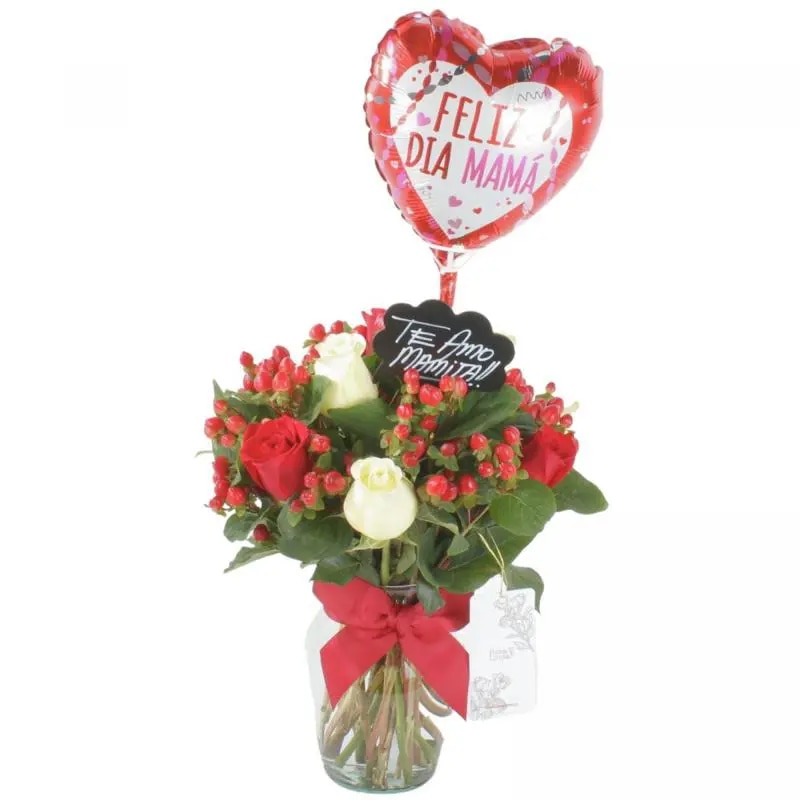 Reina Madre Rojo y Blanco - Florero con 9 rosas e hypericum, globo y pizarra