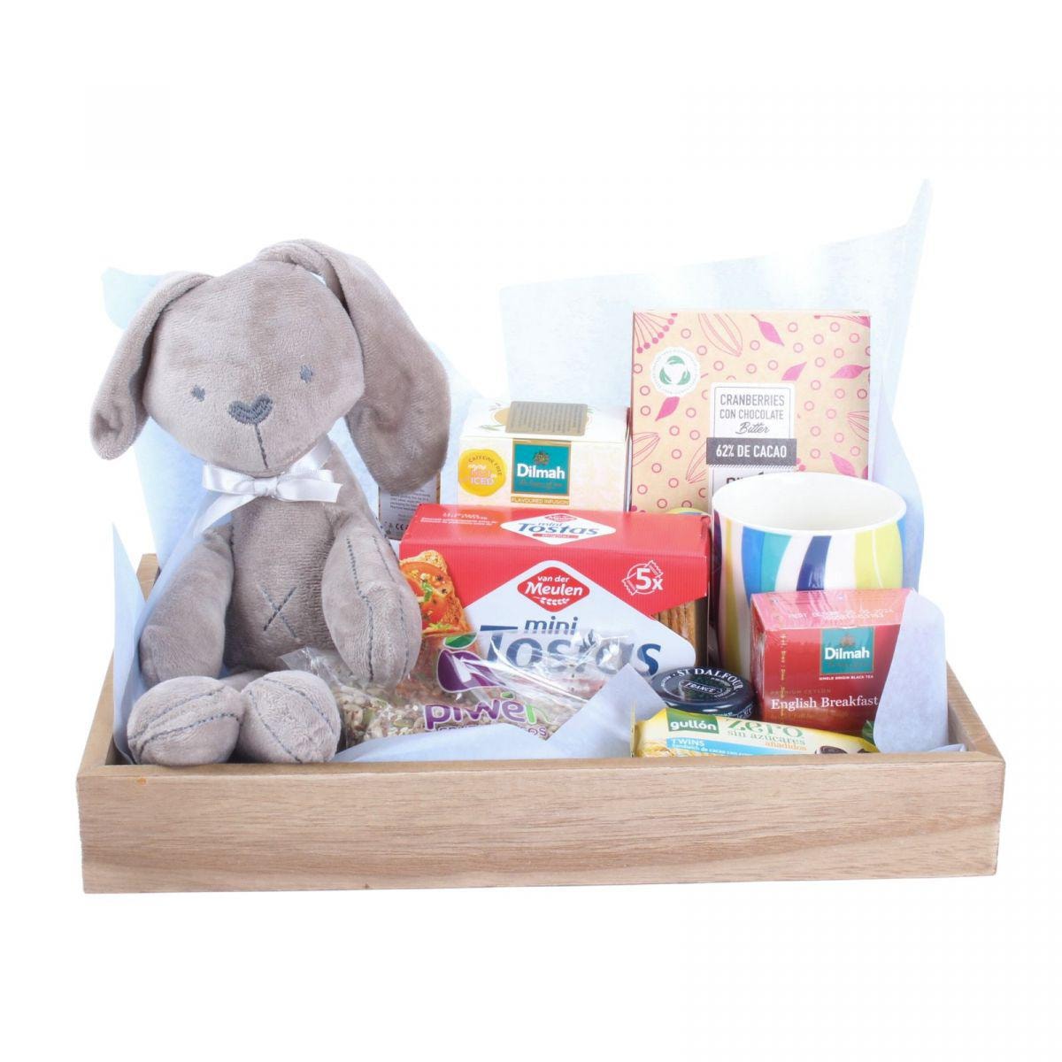 Brunch Nacimiento Es un niño - Bandeja con globo, peluche conejito, té, infusiones, galletas y semillas - Imagen 1