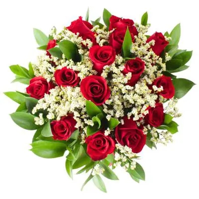 Julieta Rojo - Ramo de 15 Rosas rojas, limonium y ruscus