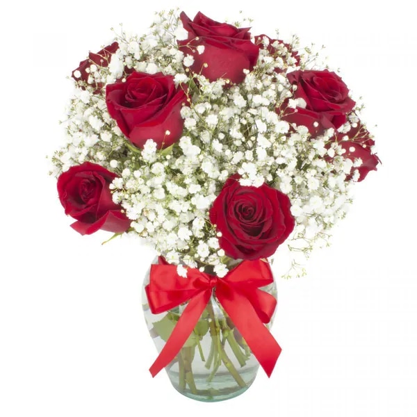 Florero con 10 rosas ecuatorianas rojas y gypsophilia