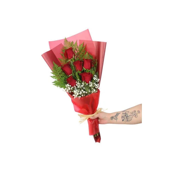 Ramo extendido con 6 rosas ecuatorianas rojo y gypso