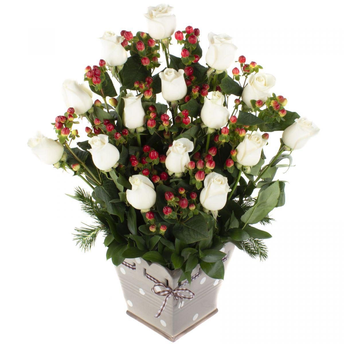 Jardín de Rosas Blanco - Arreglo floral con 15 rosas blancas e hypericum - Imagen 1