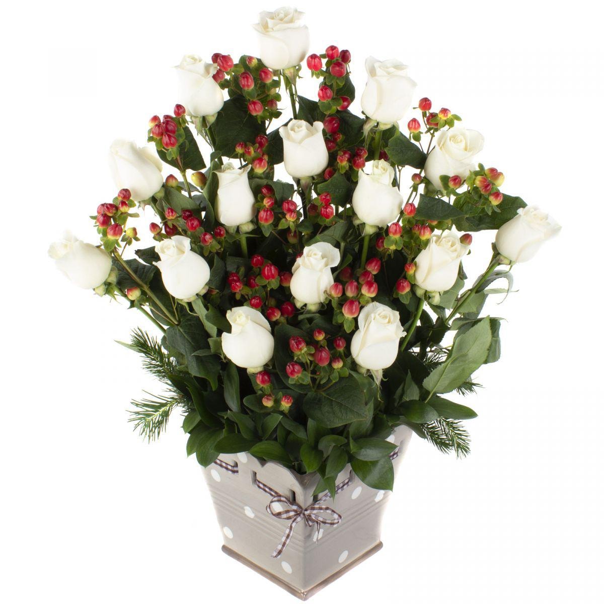 Jardín de Rosas Blanco - Arreglo floral con 15 rosas blancas e hypericum - Imagen 1