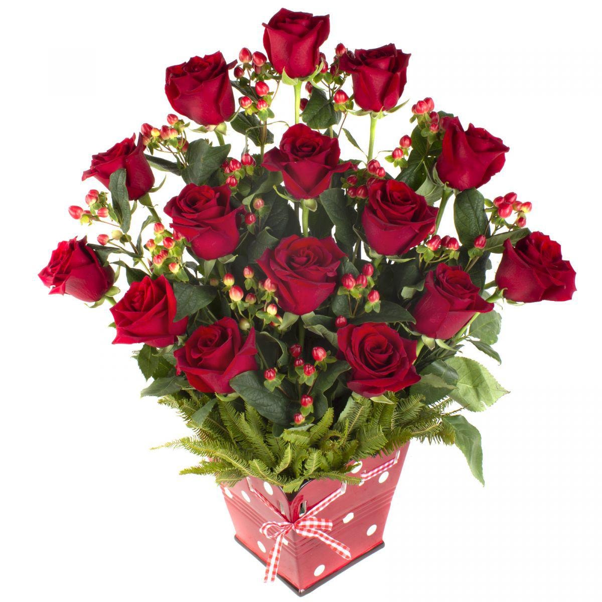 Jardín de Rosas Rojas - Arreglo floral con 15 rosas rojas e hypericum - Imagen 1