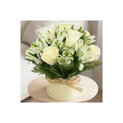 Amor Blanco Sombrerero - Arreglo rosas y astromelias blanco