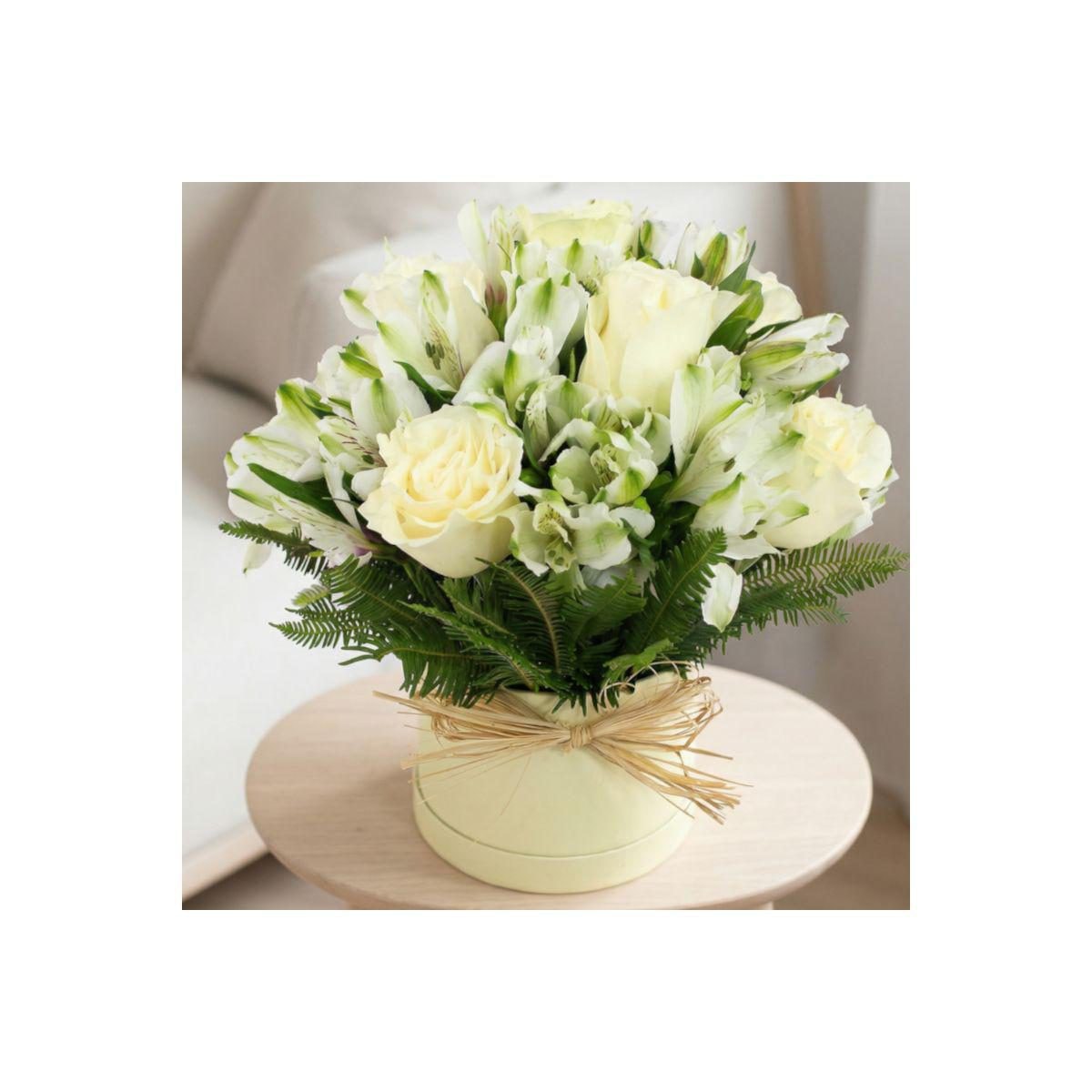 Amor Blanco Sombrerero - Arreglo rosas y astromelias blanco - Imagen 1