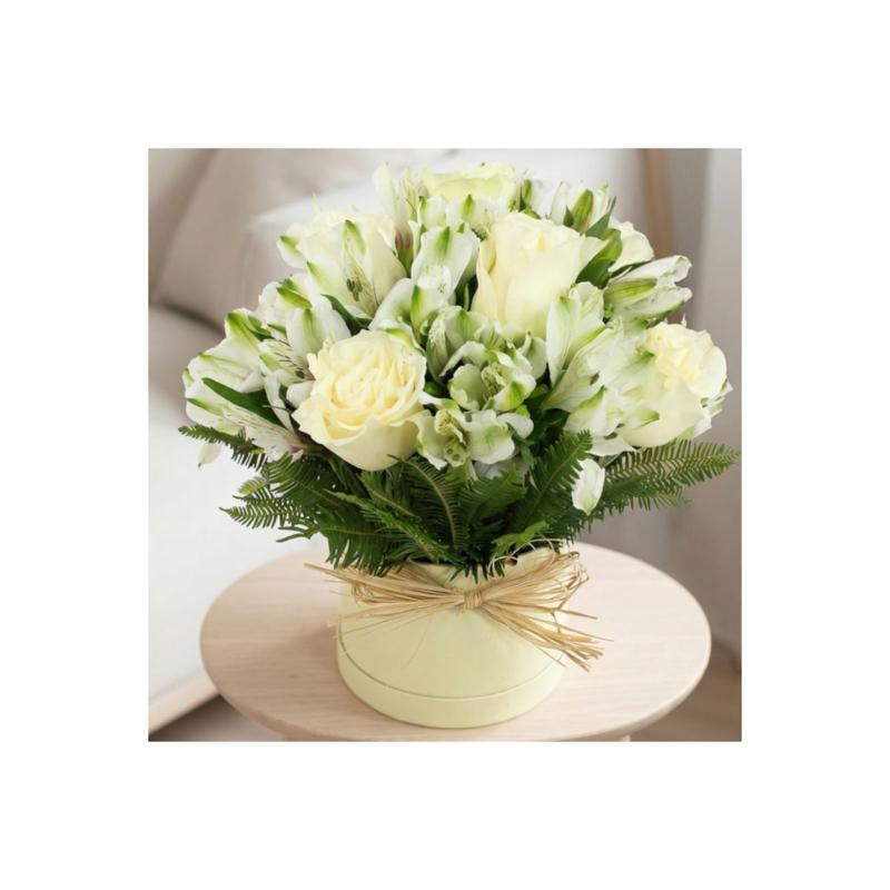 Amor Blanco Sombrerero - Arreglo rosas y astromelias blanco - Imagen 1