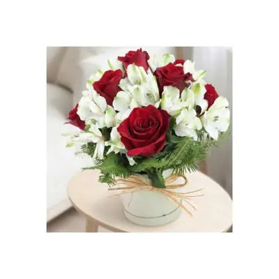 Amor Rojo Sombrerero - Arreglo rosas y astromelias blanco