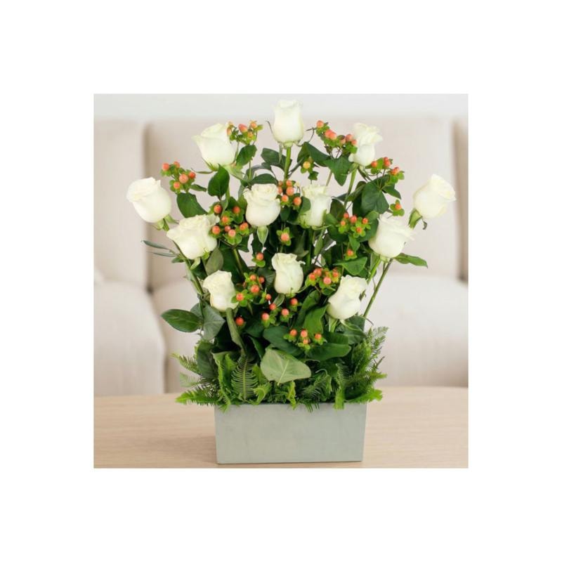 Jardín Rosas Blanco - Arreglo 12 rosas blanco e hypericum - Imagen 1