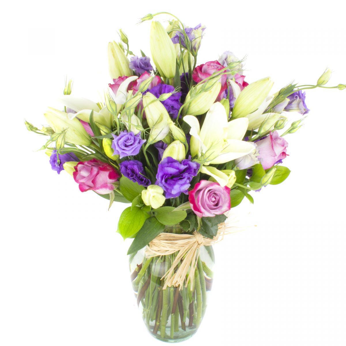 Laura Lila - Florero con rosas lilas, lisianthus morados y lilum - Imagen 1