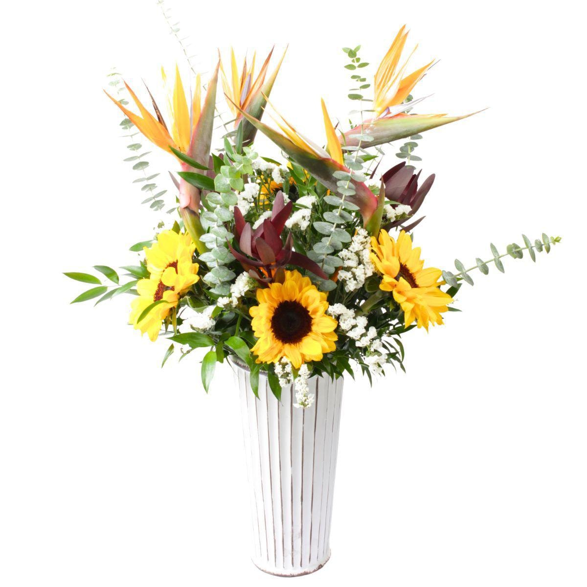 Verónica - Arreglo floral grande con aves del paraíso, girasoles, eucalipto, leucadendro, estate y follaje - Imagen 1