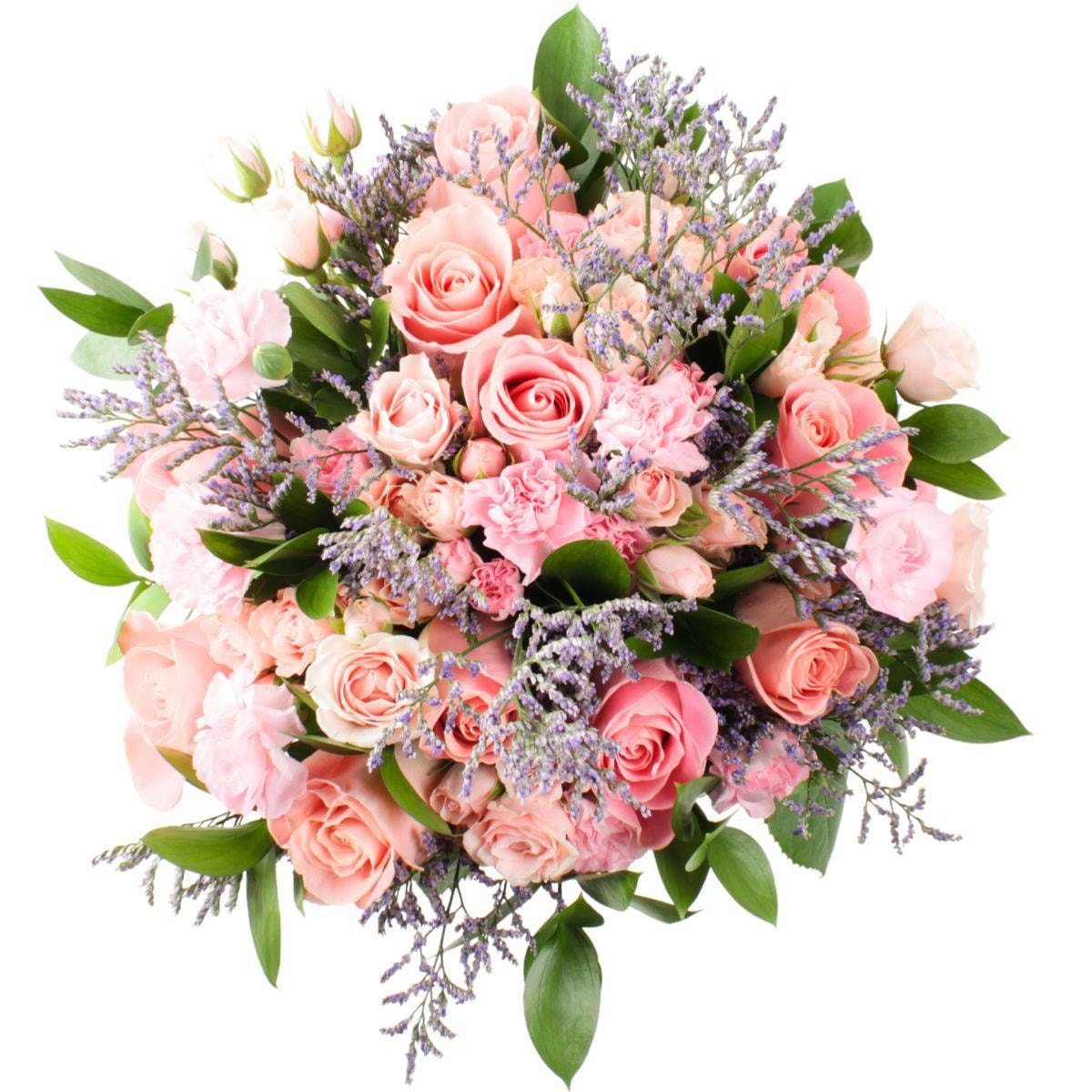 Sakura - Ramo de rosas, mini rosas, mini claveles y limonium en tonos rosados - Imagen 1