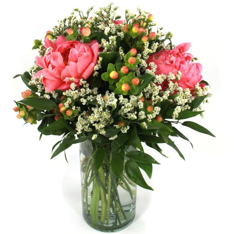 Prosa - Florero con peonías rosadas, limonium e hypericum - Imagen 1
