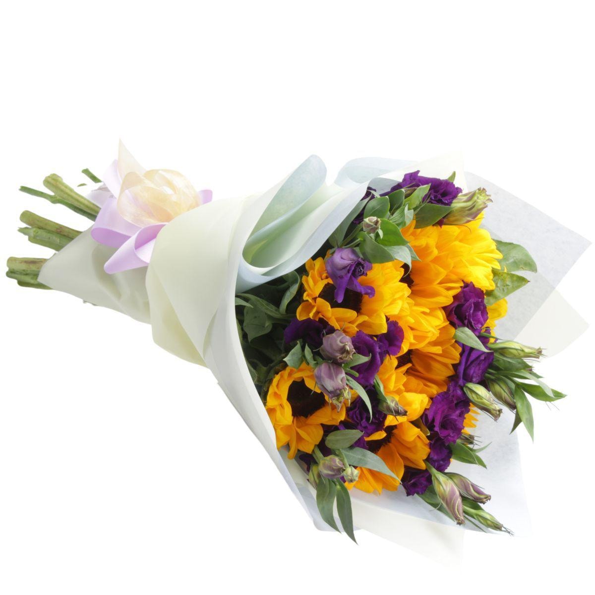 Ramo girasoles y lisianthus - Ramo de flores con girasoles y lisianthus morados - Imagen 1