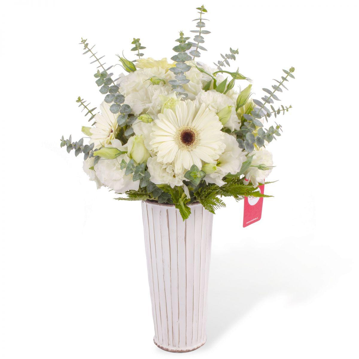 Isabella Blanco - Arreglo floral con gerberas blancas, lisianthus blancos y eucalyptus - Imagen 1