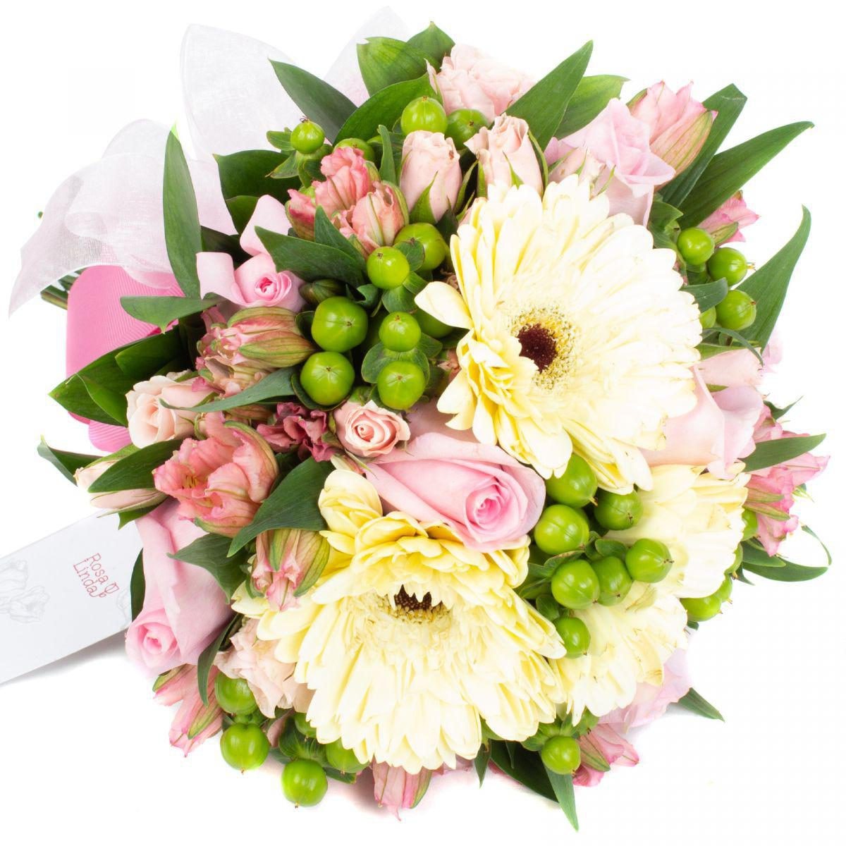 Amanda - Ramo de novia con gerberas, rosas rosadas y astromelias rosadas - Imagen 1