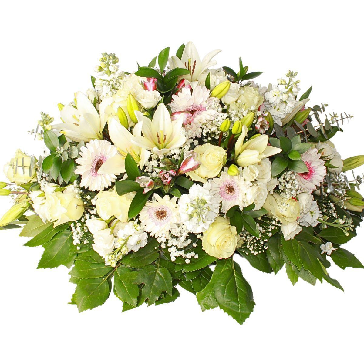Sobria Despedida Rosado Blanco - Cubre Urna de defunción con gerberas y liliums blancos - Imagen 1