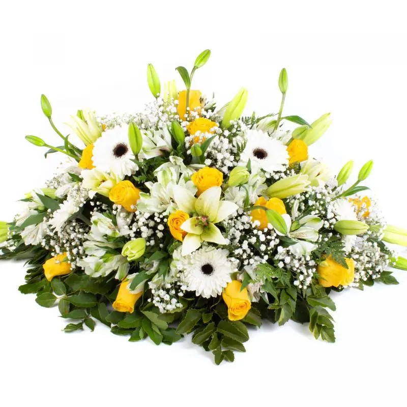 Sobria Despedida Amarillo Blanco - Cubre Urna de defunción con gerberas y liliums blancos