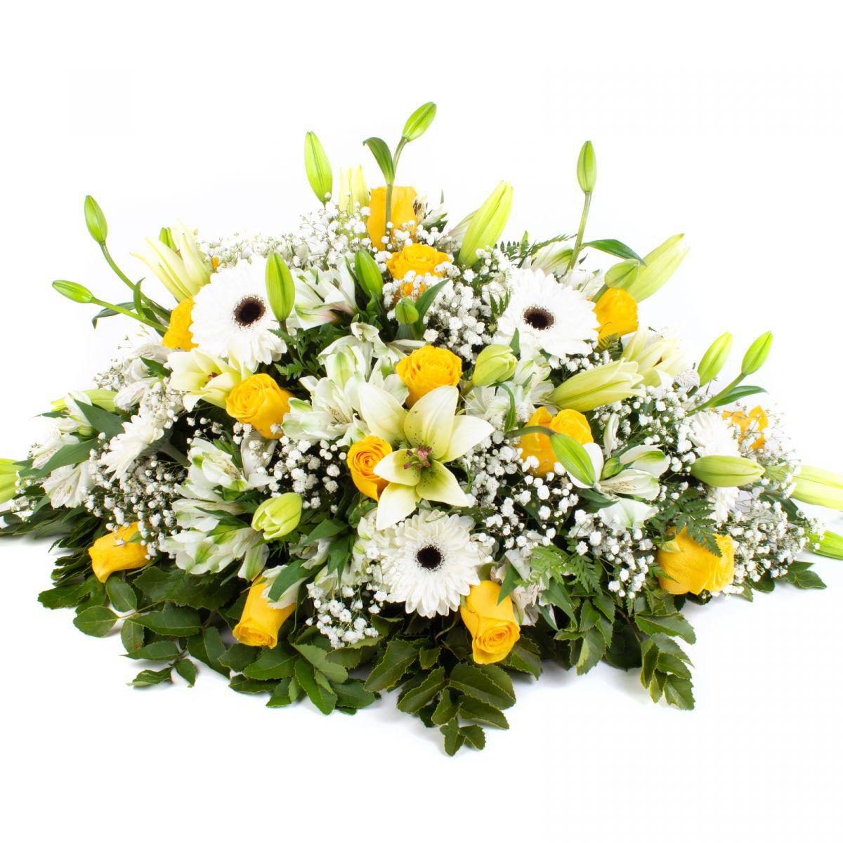 Sobria Despedida Amarillo Blanco - Cubre Urna de defunción con gerberas y liliums blancos - Imagen 1