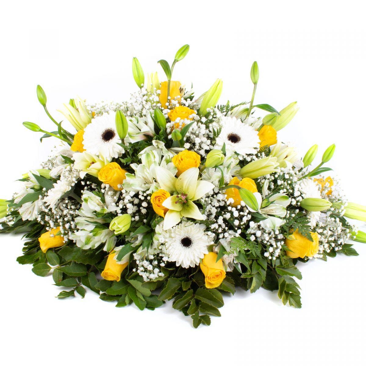 Sobria Despedida Amarillo Blanco - Cubre Urna de defunción con gerberas y liliums blancos - Imagen 1