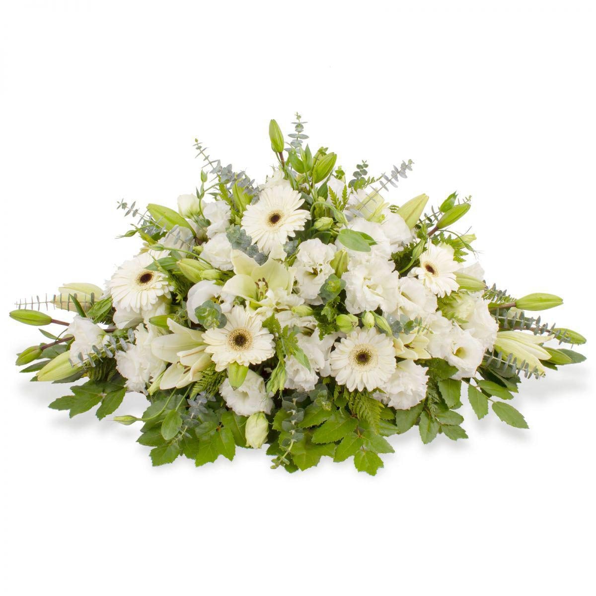 Sobria Despedida - Cubre Urna de defunción con gerberas y liliums blancos - Imagen 1