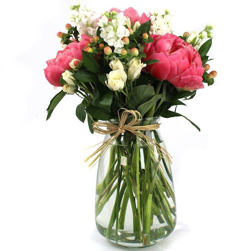 Oda - Florero con Peonías, Alelí, Minirosas e Hypericum - Imagen 1