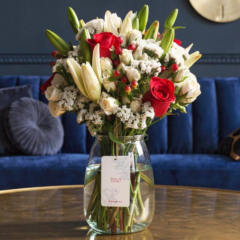 Silencio blanco y rojo - Florero transparente con rosas, liliums y minirosas - Imagen 1