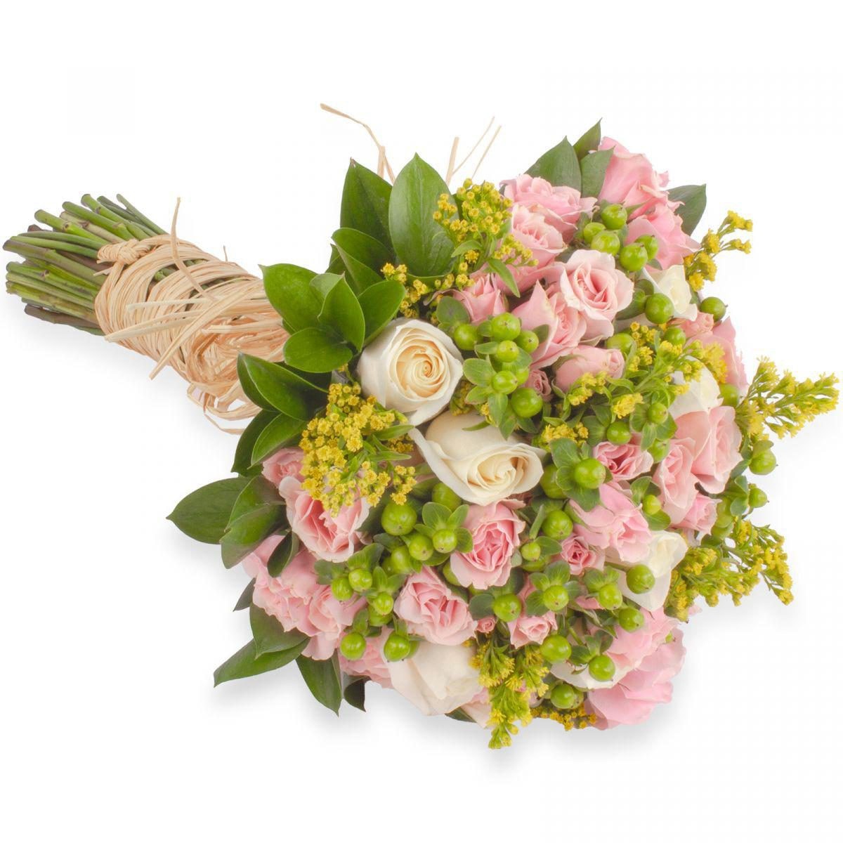 Diane ramo de novia - minirosas rosadas, rosas blancas, e hypericum verde - Imagen 1