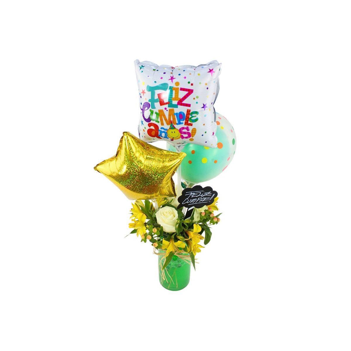 Sorpresa de Cumpleaños - Arreglo floral con Globos de Cumpleaños, rosas blanco y astromelias amarillo - Imagen 1