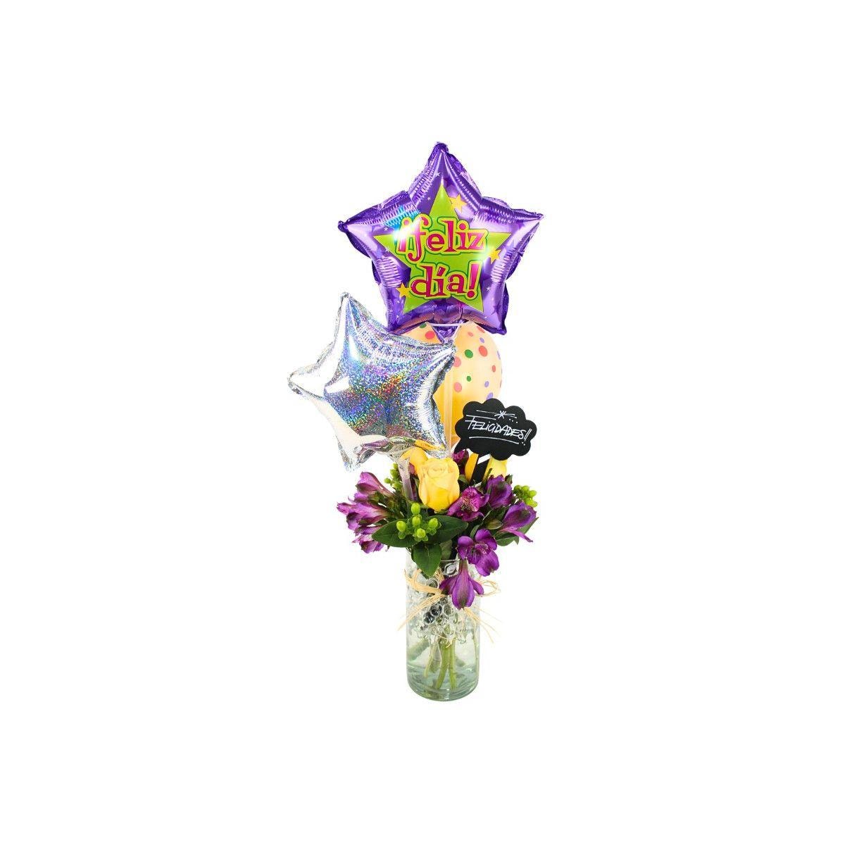 Sorpresa de Feliz Dia - Arreglo floral con globo Feliz día, rosas amarillo y astromelias morado - Imagen 1
