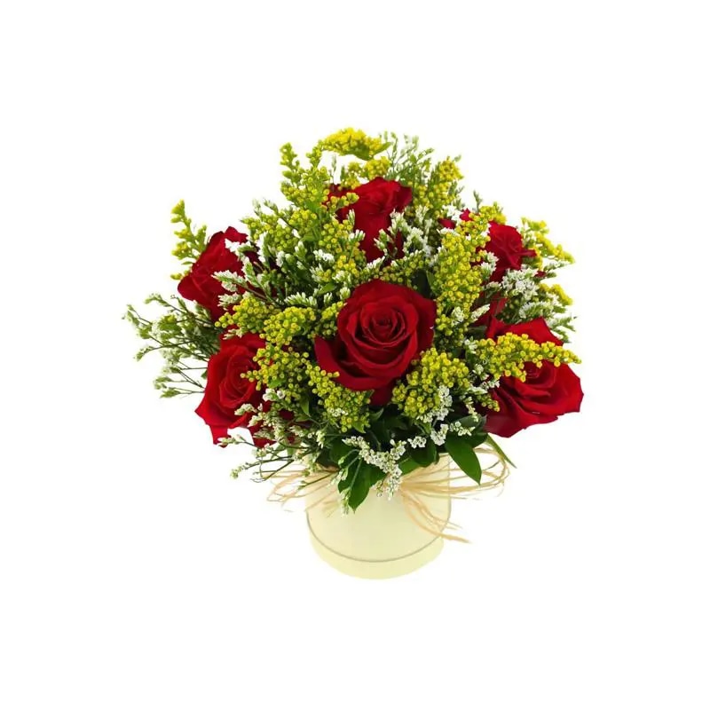 Clarita Rojo - Arreglo floral en sombrerero con rosas Rojo, limonium y vara de oro