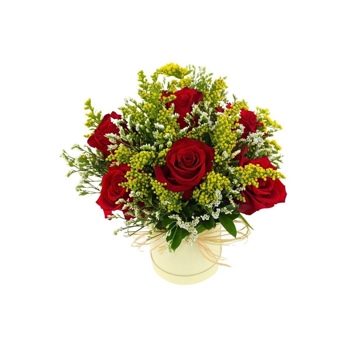 Clarita Rojo - Arreglo floral en sombrerero con rosas Rojo, limonium y vara de oro - Imagen 1
