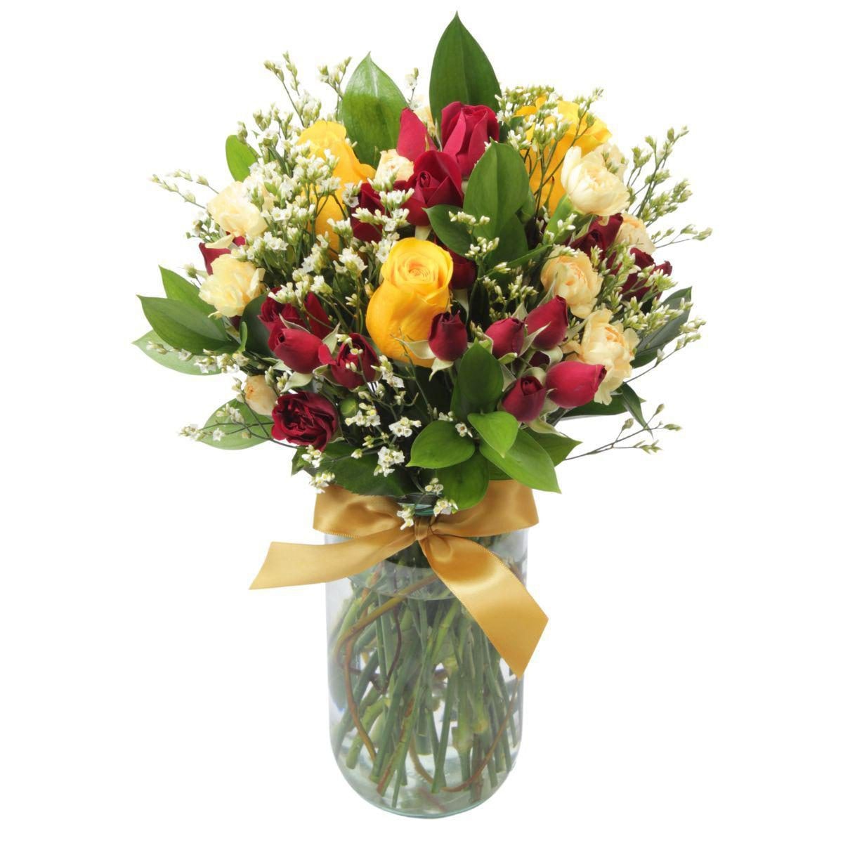 Noelia Amarillo - Florero con rosas, mini rosas, mini claveles y limonium - Imagen 1