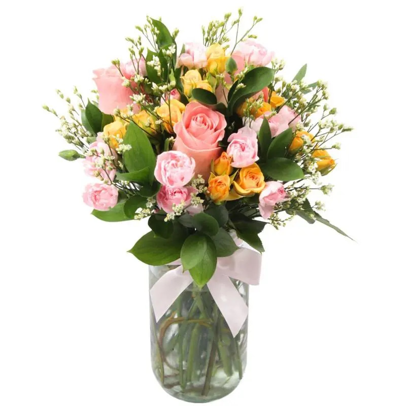 Noelia Rosado - Florero con rosas, mini rosas, mini claveles y limonium