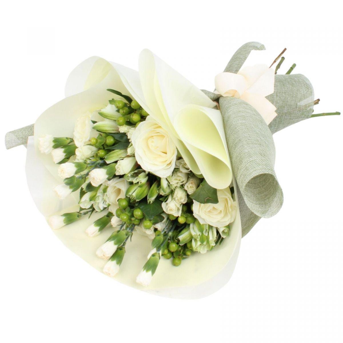 Ramo silvestre blanco - Ramo de flores circular con rosas blancas, claveles blancos, astromelias e hypericum verde - Imagen 1