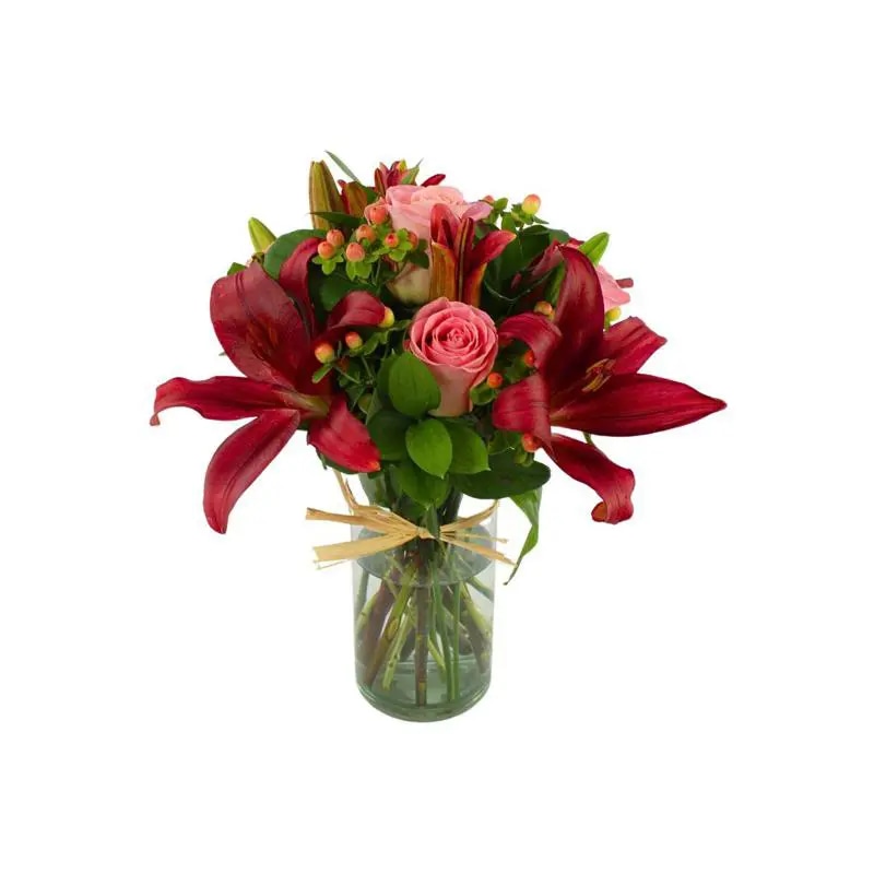 No Me Olvides Florero Rosado - Florero con rosas Rosado, liliums e hypericum Rojo