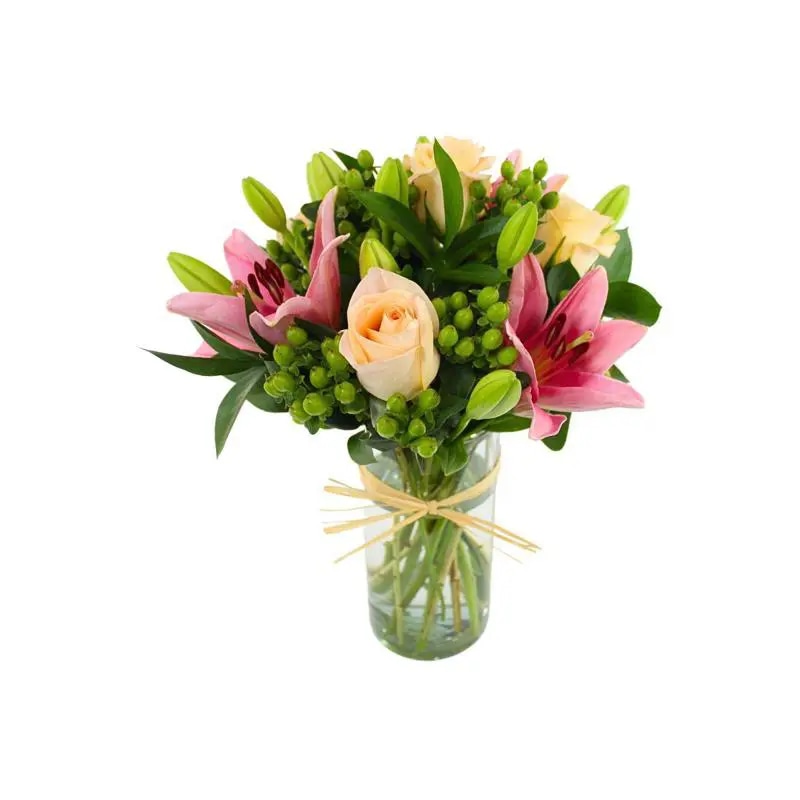 No Me Olvides Florero Damasco - Florero con rosas Damasco, liliums Rosado e hypericum