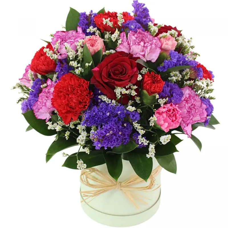 Colores de Frida Rojo en sombrerero - Arreglo floral con rosas, claveles, estate y limonium