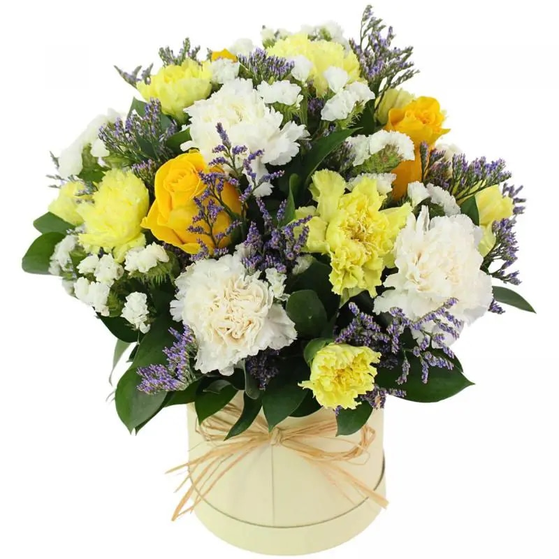 Colores de Frida amarillo en sombrerero - Arreglo floral con rosas, claveles, estate y limonium