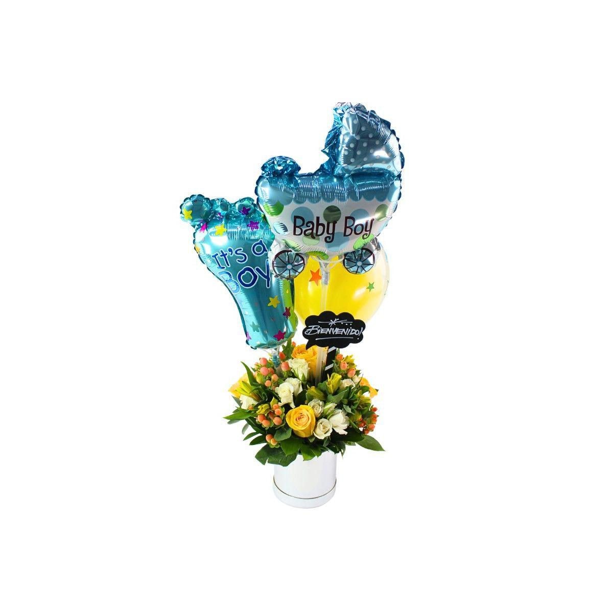 Bienvenido bebé - Arreglo floral con globos, rosas amarillo, minirosas blanco, astromelias e hypericum - Imagen 1