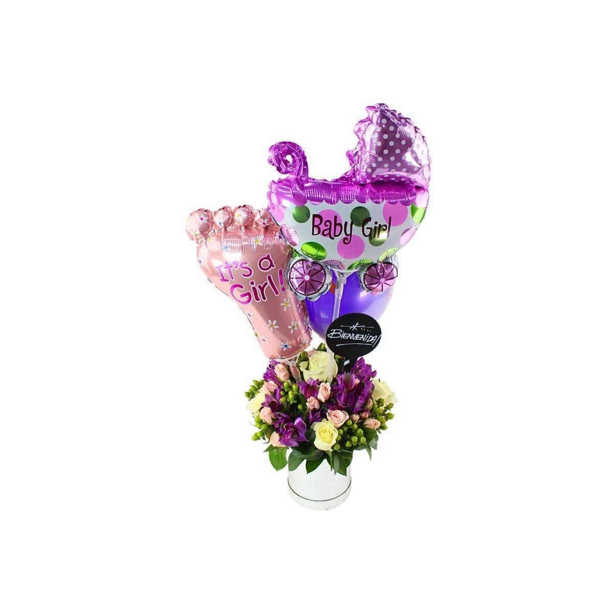 Bienvenida bebé - Arreglo floral con globos, rosas blanci, minirosas rosado, astromelias morado e hypericum - Imagen 1