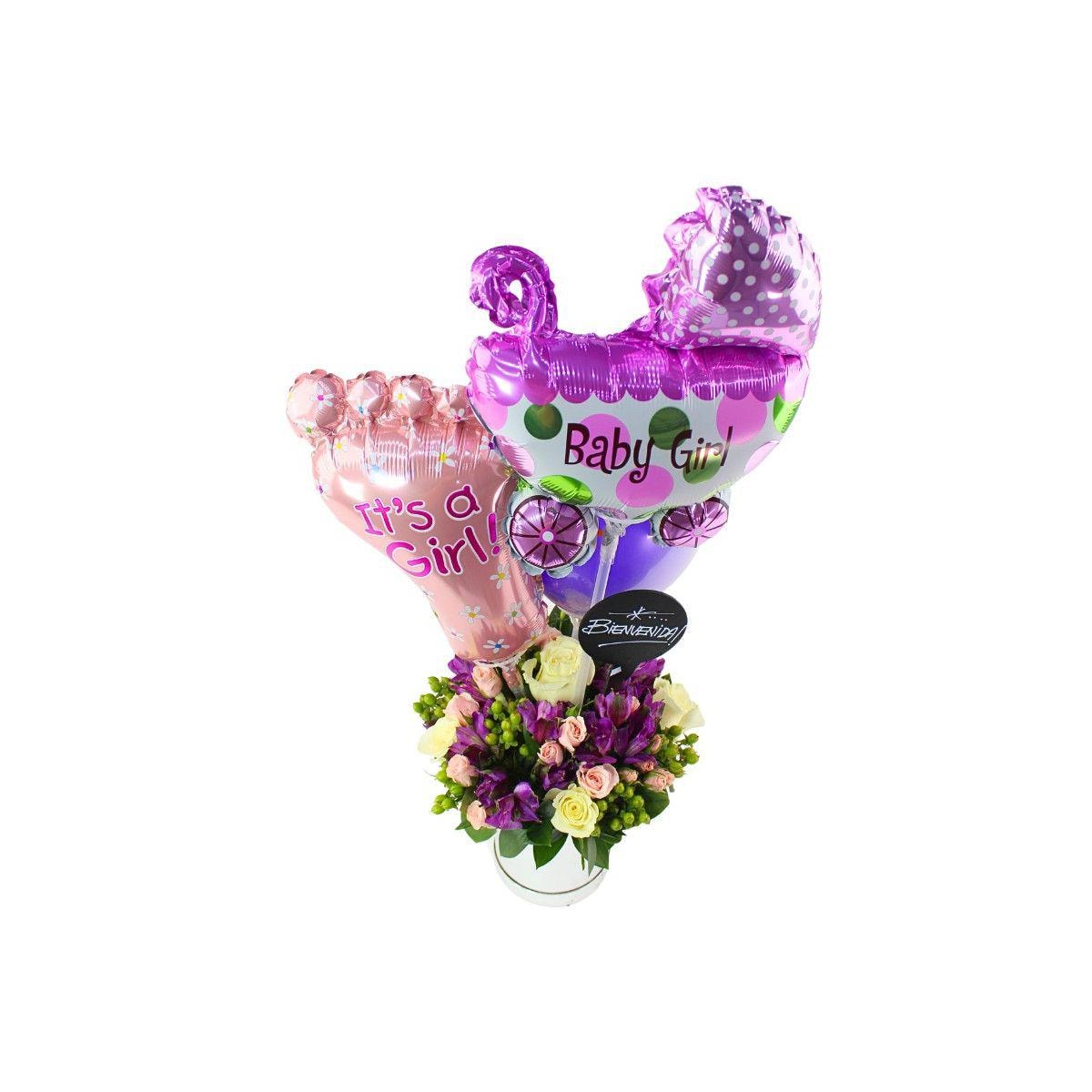Bienvenida bebé - Arreglo floral con globos, rosas blanci, minirosas rosado, astromelias morado e hypericum - Imagen 2