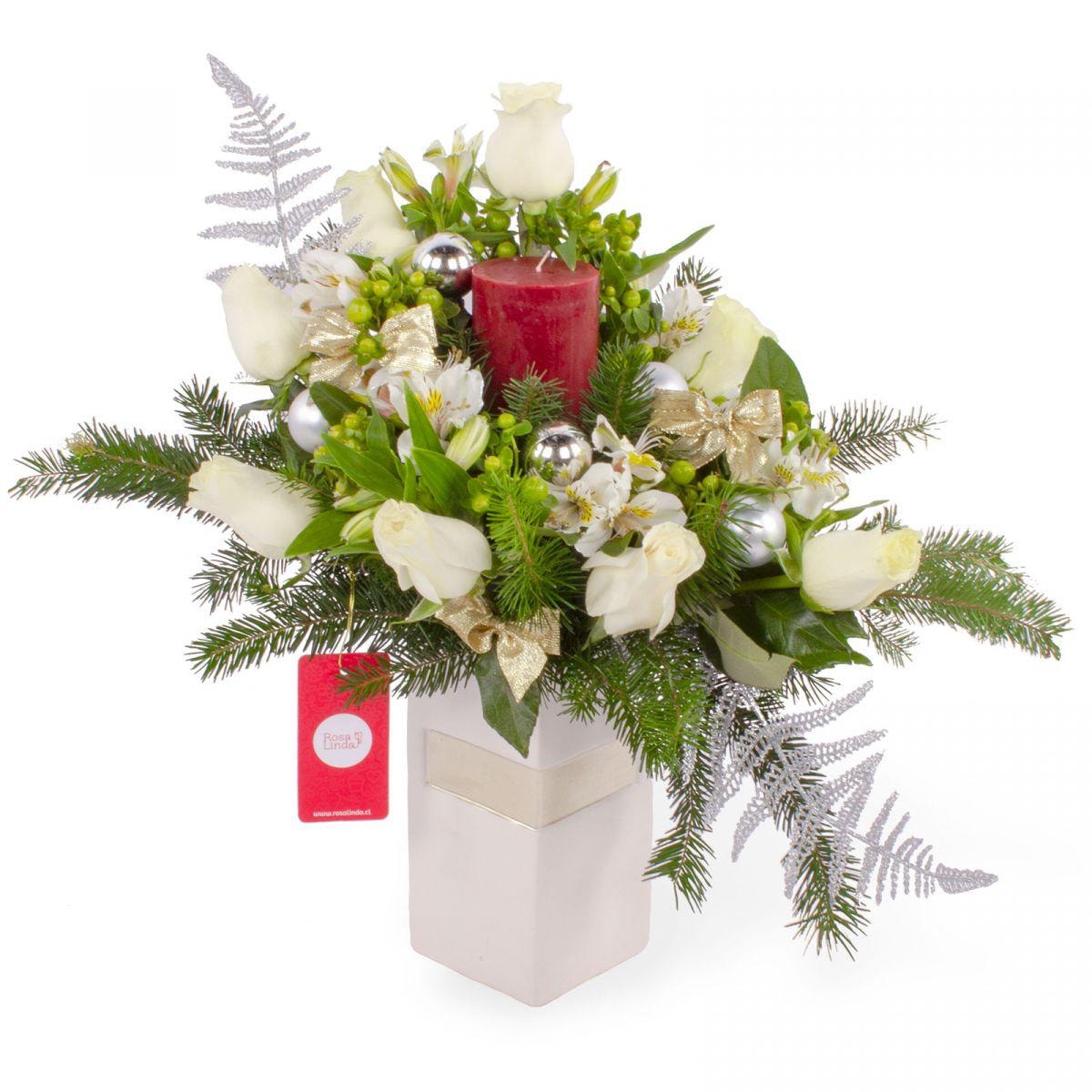 Espíritu Navideño - Arreglo floral de navidad con rosas ecuatorianas blancas, astromelias blancas e hypericum verde - Imagen 1