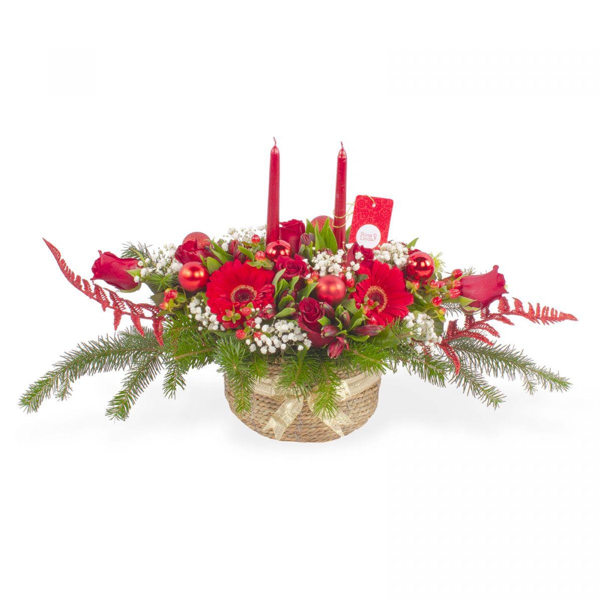 Luces Navideñas - Arreglo floral navideño con gerberas, rosas, astromelias e hypericum rojo - Imagen 1