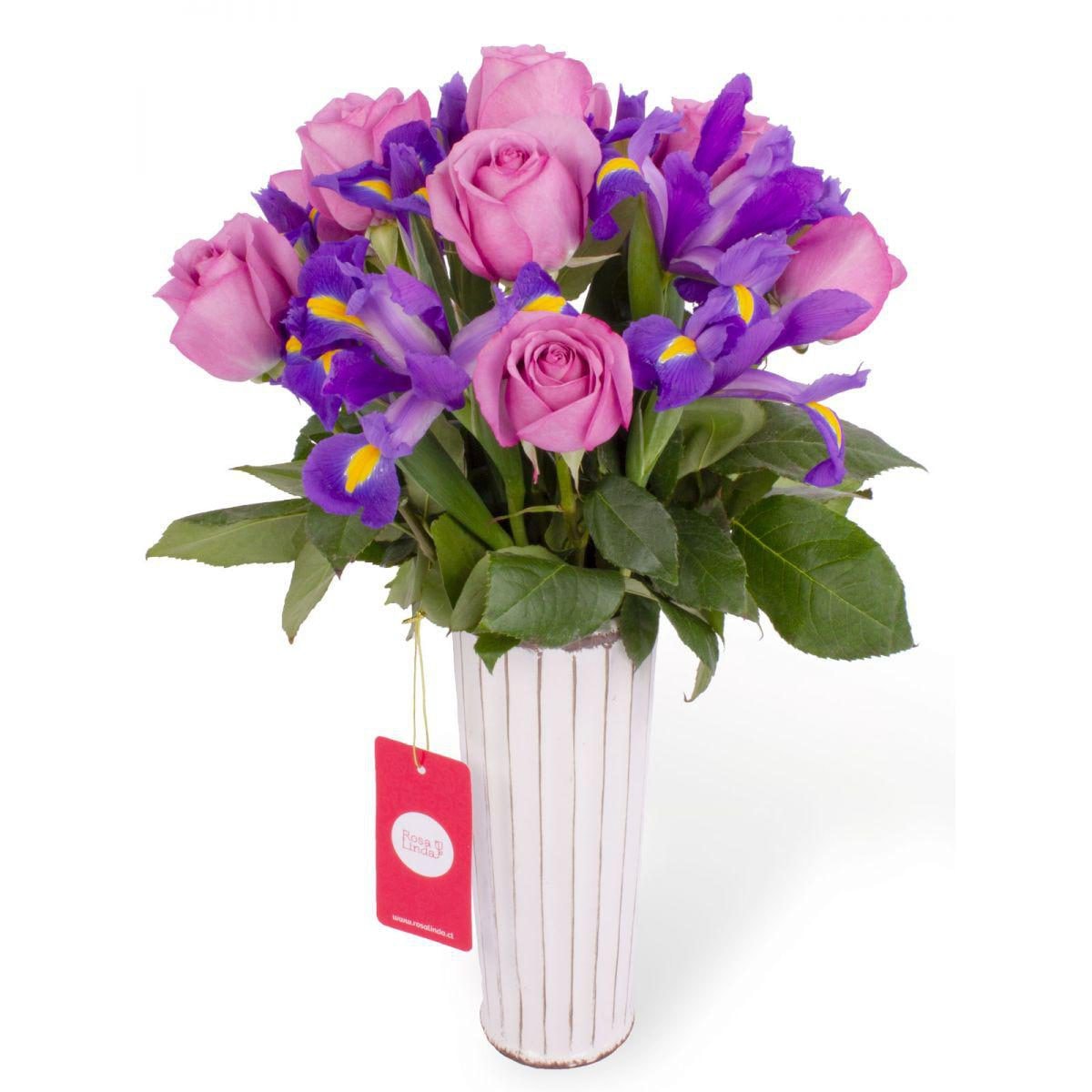 Sorpresa de Iris - Arreglo floral con iris morados y rosas lila - Imagen 1