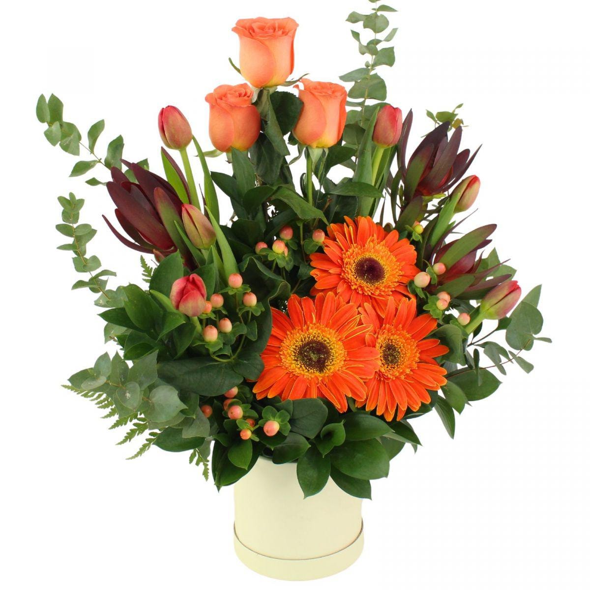 Altair Naranjo en sombrero - Arreglo floral con tulipanes damasco, rosas naranjo, hypericum, gerberas y leucadendros - Imagen 1