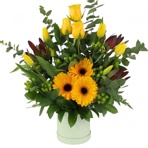 Altair Amarillo en sombrerero - Arreglo floral con tulipanes, rosas y gerberas color amarillo
