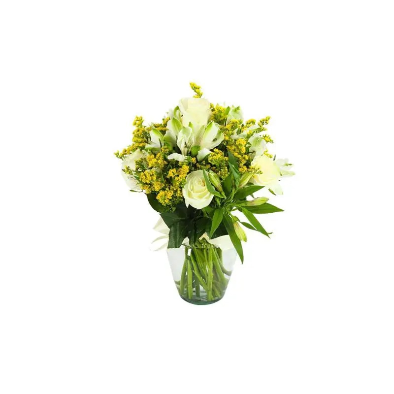 Ágata Blanco en florero - rosas y astromelias blanco y vara de oro
