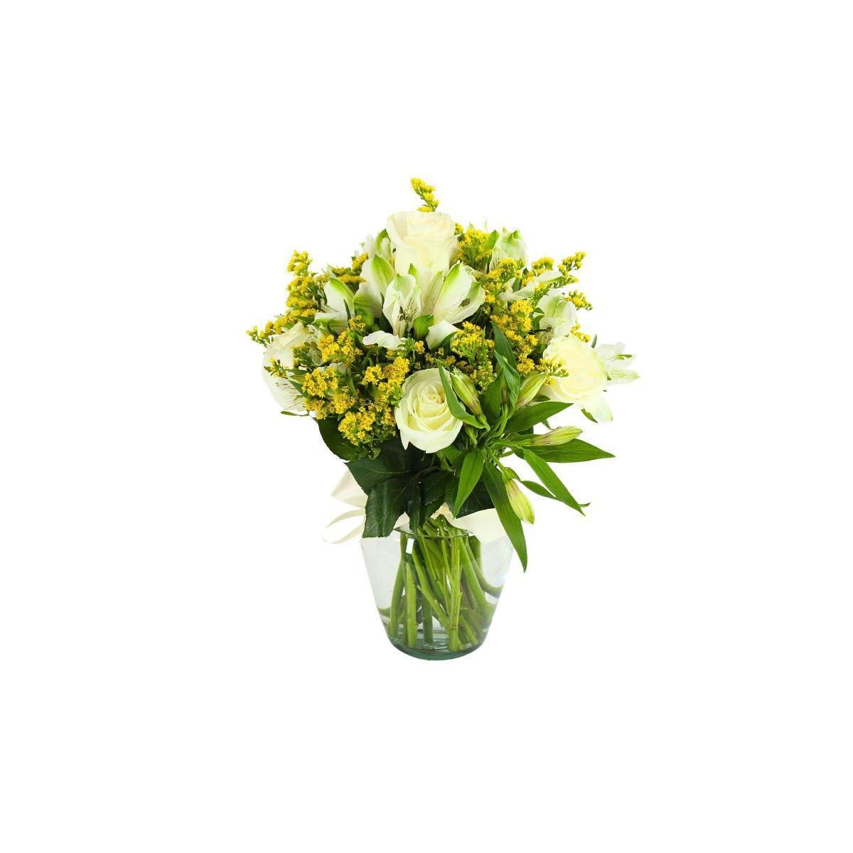 Ágata Blanco en florero - rosas y astromelias blanco y vara de oro - Imagen 1