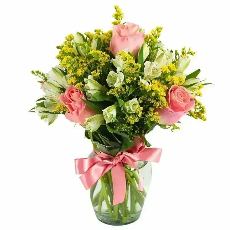 Ágata Rosado y Blanco en florero - rosas y astromelias - Imagen 1